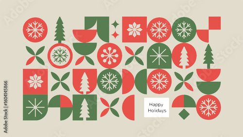 Red Green Snowflake Christmas Tree Geometric Pattern