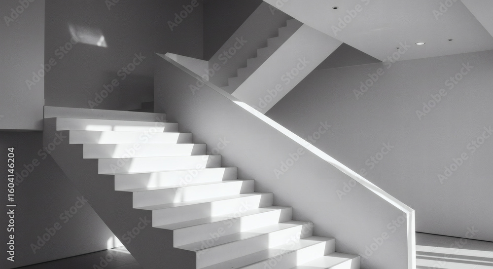 Fototapeta premium A minimalist white staircase in a modern building, with bright sunlight creating a stark contrast of light and shadow on the steps