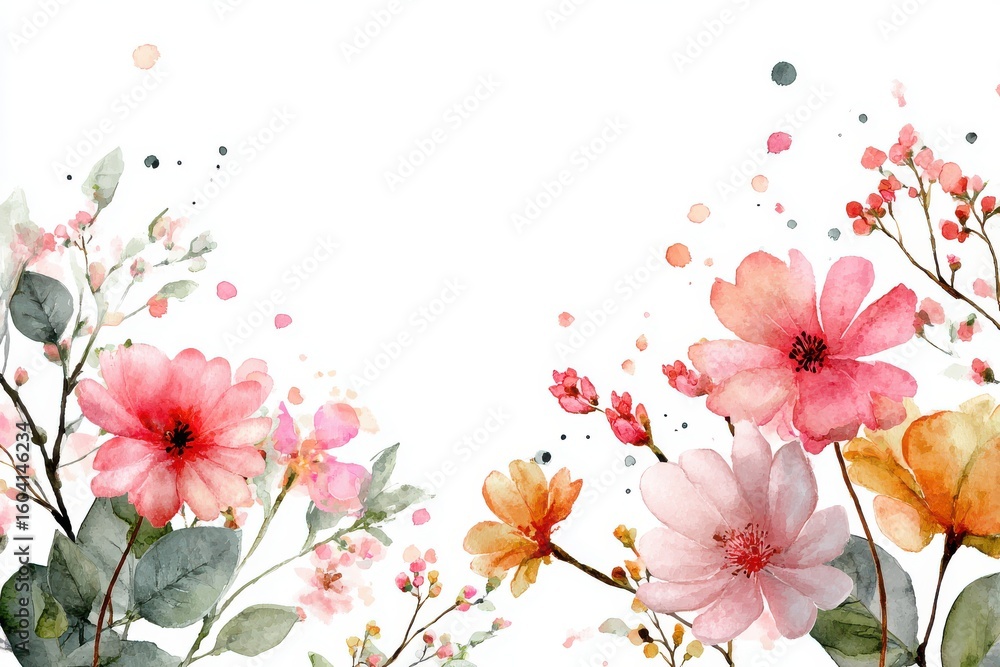 Fototapeta premium Charming watercolor floral border for autumn themes, ideal for invitations, banners, and seasonal projects, showcasing soft blooms against a pristine white background for an inviting aesthetic