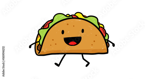 Happy walking taco cartoon character illustration, a whimsical and cheerful animated food icon for playful culinary themes and vibrant designs.