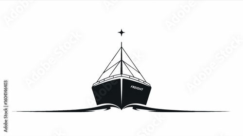 Minimalist black and white silhouette of a cargo ship on the water