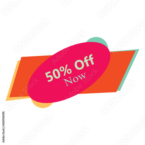 50% Off Now Discount Banner Icon.