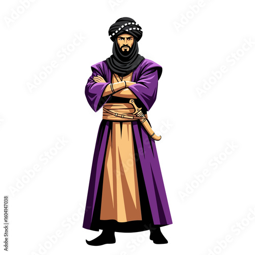 Man Wearing Turban Standing with Arms Crossed in Purple Robe