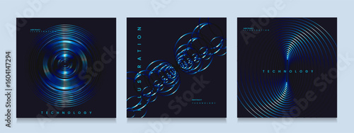 Set Blue Circle Line with Silhouette Planet Earth. Abstract Various Technology Elements of Oval, Cone for Promo, Banner, Poster, Card, Cover. Technology Cyber, Hi-tech in Vector illustration.