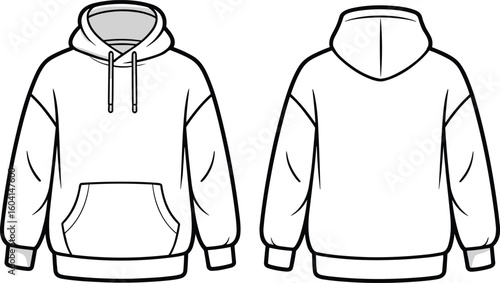 White hoodie template illustration, front and back view design, blank sweatshirt mockup, casual fashion apparel concept, customizable garment sketch, clothing layout vector