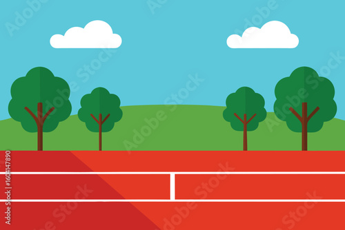 Flat Design Running Track Illustration: Outdoor Scene with Trees and Sky