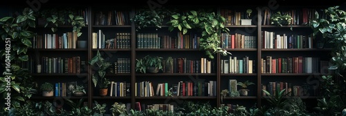 Large bookshelf packed with books and lush green plants, creating a moody library scene ideal for interior design, study inspiration, or modern workspaces.