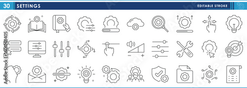 A set of line icons related to Settings. Setting, gear, slider, user interface, technology, and so on. Vector editable stroke.