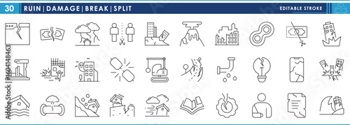 A set of line icons related to Ruin, Damage, Break and Split. Damage, tear, destruct, cut off, broken, crash, and so on. Vector editable stroke.