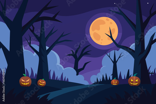 Spooky Halloween Night Forest Scene Cartoon Illustration
