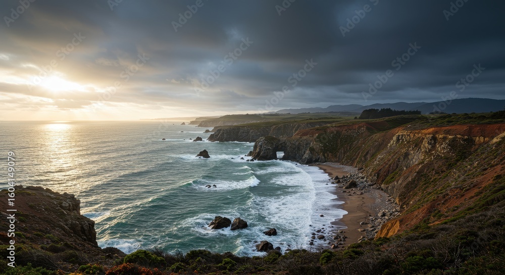 Obraz premium Dramatic Coastline with Waves and Dark Sky 
