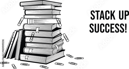 Vector art of a black and white illustration of a stack of books with paperclips, symbolizing stacking up success, isolated on white background