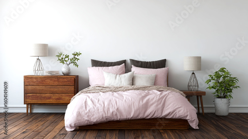 Pink bedding on dark wood floor in minimalist bedroom