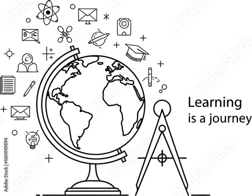 Vector art of a globe and compass isolated on white background, illustrating the concept of learning as a journey around the world with icons representing education and knowledge