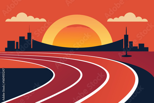 Sunset Cityscape Running Track Retro Vector Illustration