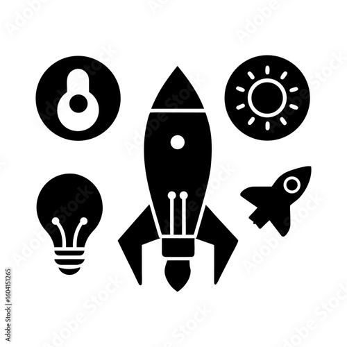 Startup Icons – Rocket, Idea Bulb, Pitch Deck on White Background.