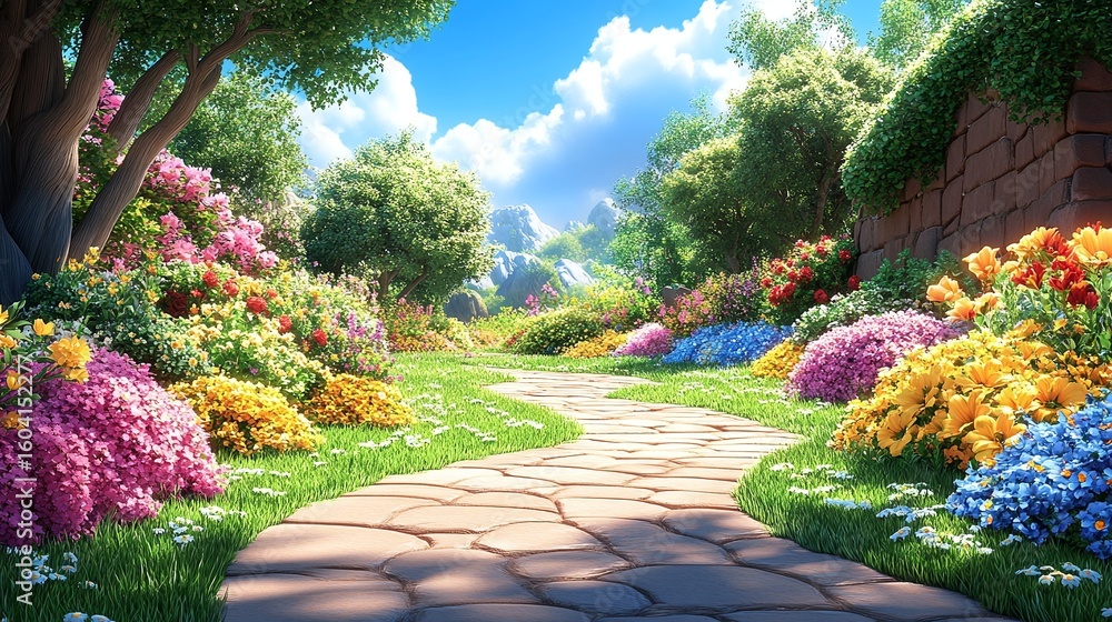 Obraz premium A colorful garden path winds through a vibrant flowerbed.