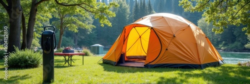 Orange tent in scenic lakeside campsite with charging station