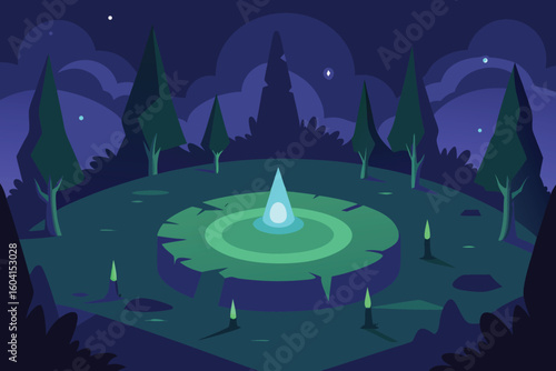 Enchanted Forest Clearing with a Glowing Magical Crystal at Night