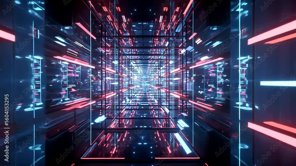 Abstract futuristic background with neon lights and geometric shapes, creating a sense of motion