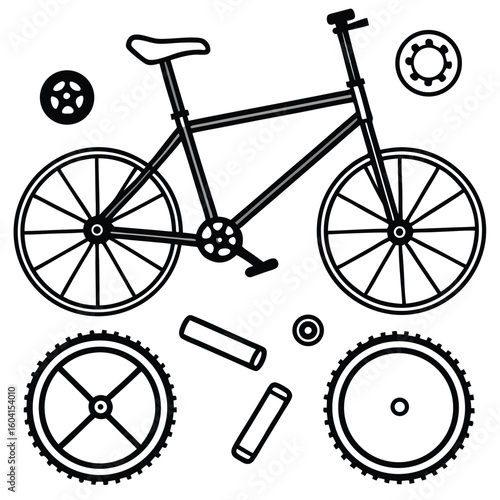 Bicycle Parts Diagram, Black and White