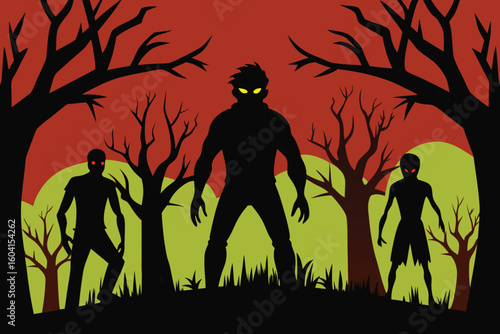 Silhouette of Horror Creatures in Spooky Forest