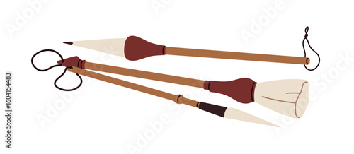 Calligraphy brushes, traditional Chinese art tools. Paintbrush with wooden handle, bristle for artistic writing, lettering. Calligraphic supplies. Flat vector illustration isolated on white background