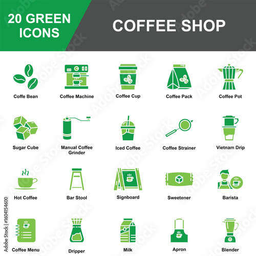 20 Green Line Coffee Shop Icons – Outline Cafe Equipment, Drinks, and Barista Tools Vector Set