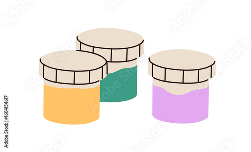 Paints packed in jars. Gouache bottles, colors in containers with lids. Art s...