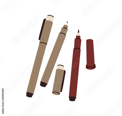 Fine liner, felt-tip pens. Art supplies, stationery for drawing, writing, sketching. Calligraphy and lettering tools. Ink fineliners set. Flat vector illustration isolated on white background