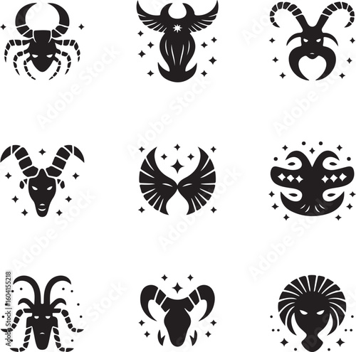 A sat of Collection of zodiac sign symbols in black and white