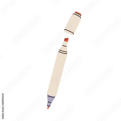 Dual-tip marker, felt pen with thin liner and thick chisel nib. Art supply, artistic stationery, accessory for calligraphy, sketching, drawing. Flat vector illustration isolated on white background