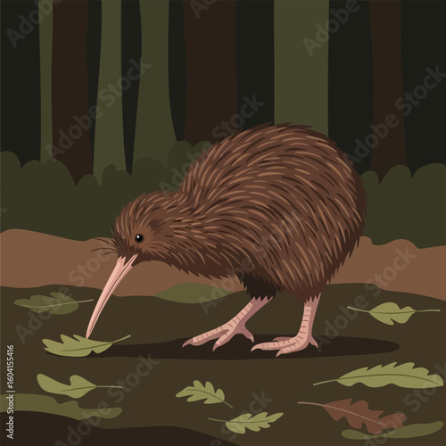 Kiwi Foraging in Forest Ground Among Fallen Leaves Natural Illustration