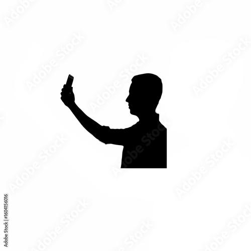 Silhouette of person taking a selfie with phone on white background