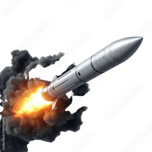 Silver missile launching with bright flames and dark smoke isolated on transparent background