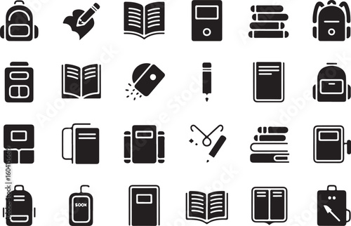 A sat of Collection of school and study related icons in black silhouette