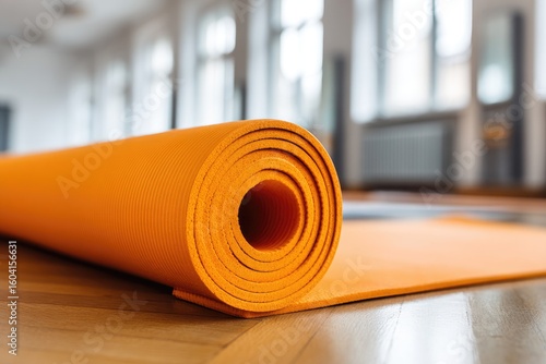 Rolled orange yoga mat on a light wooden floor