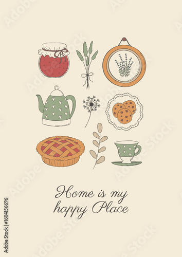 Vintage cozy poster with tea, pie, cookies, herbs, flowers, jar of jam, teapot and cup. Warm country cottagecore hand drawn greeting card.