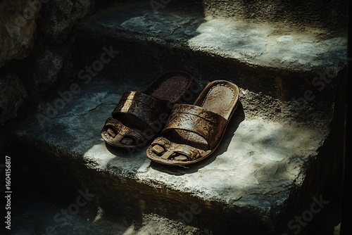 Gladiator sandals resting ancient stone steps dramatic shadows no human no labelling no logo