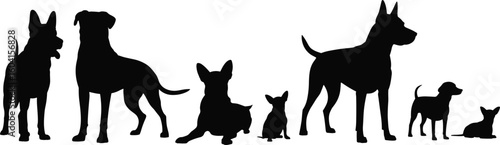Dog breed silhouettes illustration, variety of canine poses vector, pet animal graphic design, black and white artwork, diverse dog shapes template, stock image concept
