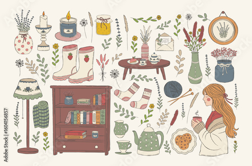 Cottagecore cozy warm hand drawn set with girl, tea, books, cookies, candles, knitting, boots, flowers, vintage decor elements. Vector illustration for home decor, scrapbooking, cards.