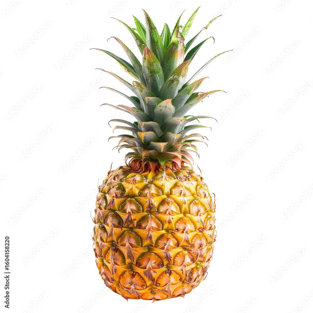 Fototapeta premium Ripe pineapple, vibrant yellow-gold skin, with a crown of bright green leaves, centered against a black background