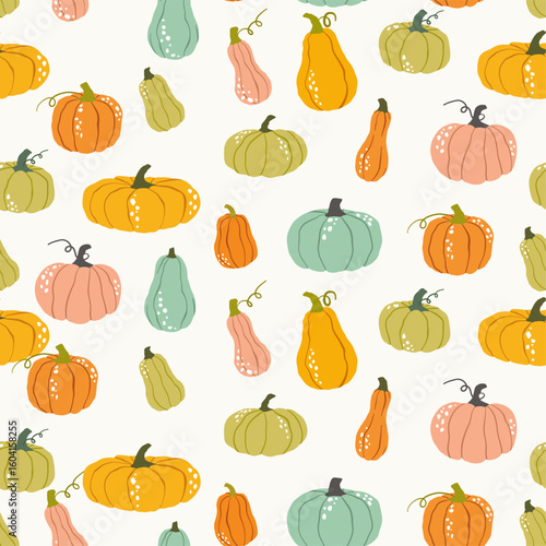 Pumpkins and gourds seamless pattern. Seasonal vegetables, autumn harvest. For autumn decorations, harvest themes, kitchen textiles, wrapping paper.