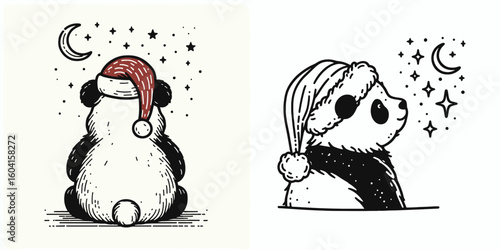 Panda with santa hat back view Star gazing. Retro Cartoon Clipart Line Art Stock Vector Illustration. Bear in holiday headwear rear facing looking toward celestial object.