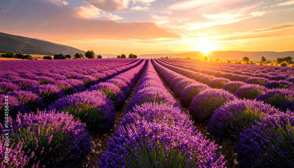 Obraz premium Lavender fields stretching to the horizon, purple tones glowing under a soft sunset, peaceful countryside vibe