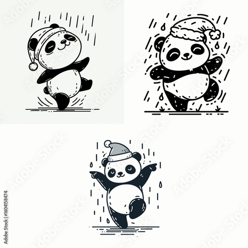 Panda with santa hat Dancing in the rain. Retro Cartoon Clipart Line Art Stock Vector Illustration. Bear christmas headgear prancing during a downpour joyful festive image.