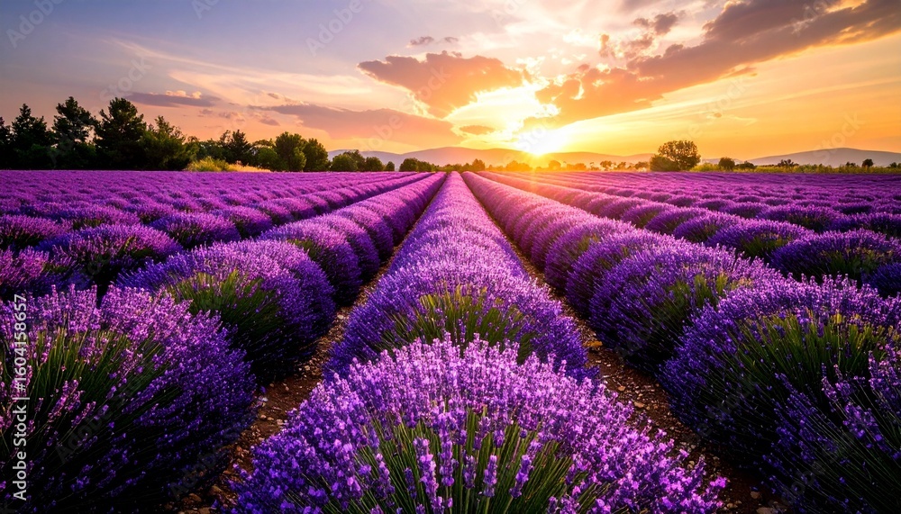 Obraz premium Lavender fields stretching to the horizon, purple tones glowing under a soft sunset, peaceful countryside vibe