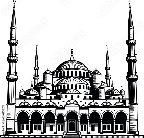 Black and white illustration of a large mosque with multiple domes and minarets islam architecture
