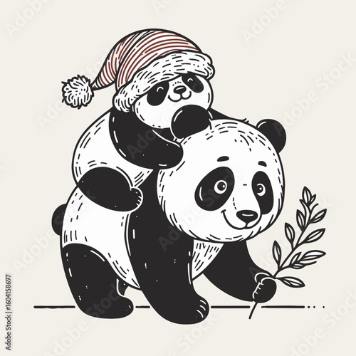 Panda with santa hat Giving a piggyback ride. Retro Cartoon Clipart Line Art Stock Vector Illustration. Bear in xmas cap offering back mount festive season fun holiday joy.