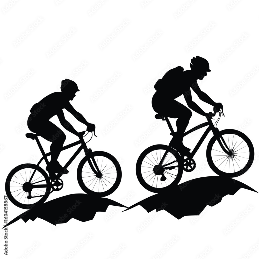 Fototapeta premium Two mountain bikers ascend a challenging trail.
